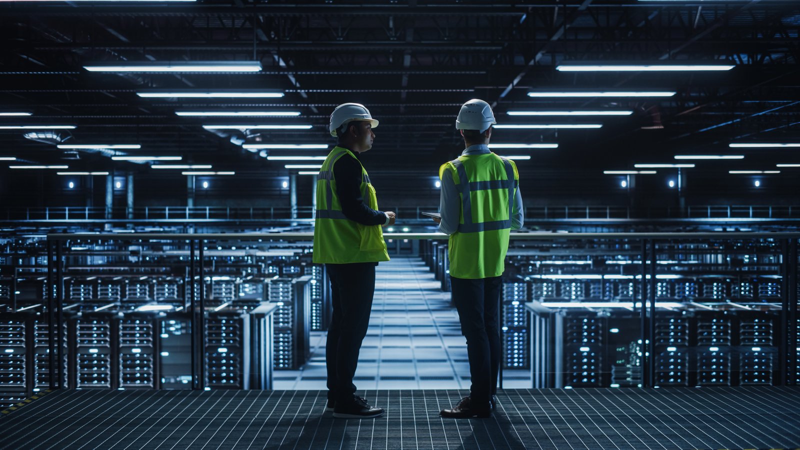 Data Center IT Specialist and System administrator Talk, Use Tablet Computer, Wearing Safety West. Server Cloud Farm Facility with Two Information Technology Engineers checking Cyber Security.